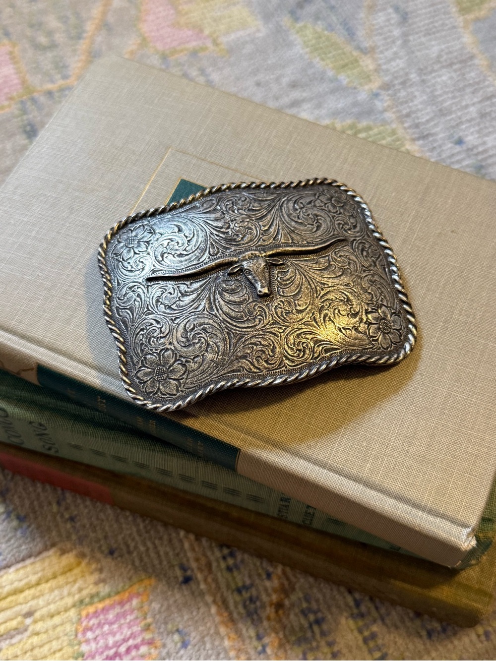 Vintage Western Longhorn Steer Belt Buckle Silver Tone Engraved Scroll Floral
